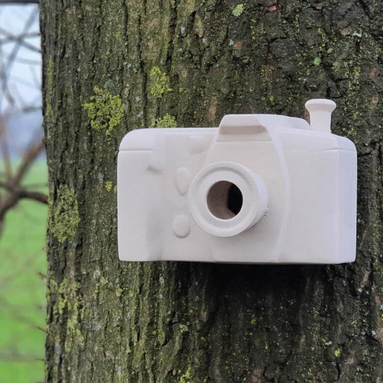 "Kijk eens naar het vogeltje" is een modern nestkastje in de vorm van een fotocamera.