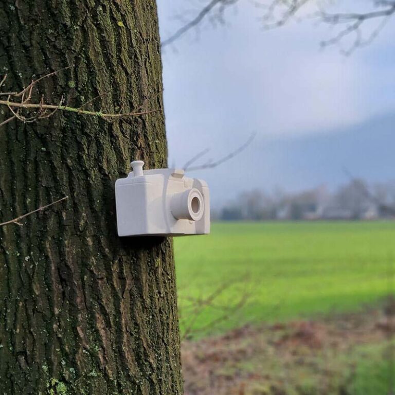 Hang de 'fotocamera' bijvoorbeeld aan een boom. Kleine vogeltjes, zoals de meeste meesjes, kunnen door de lens naar binnen en buiten.