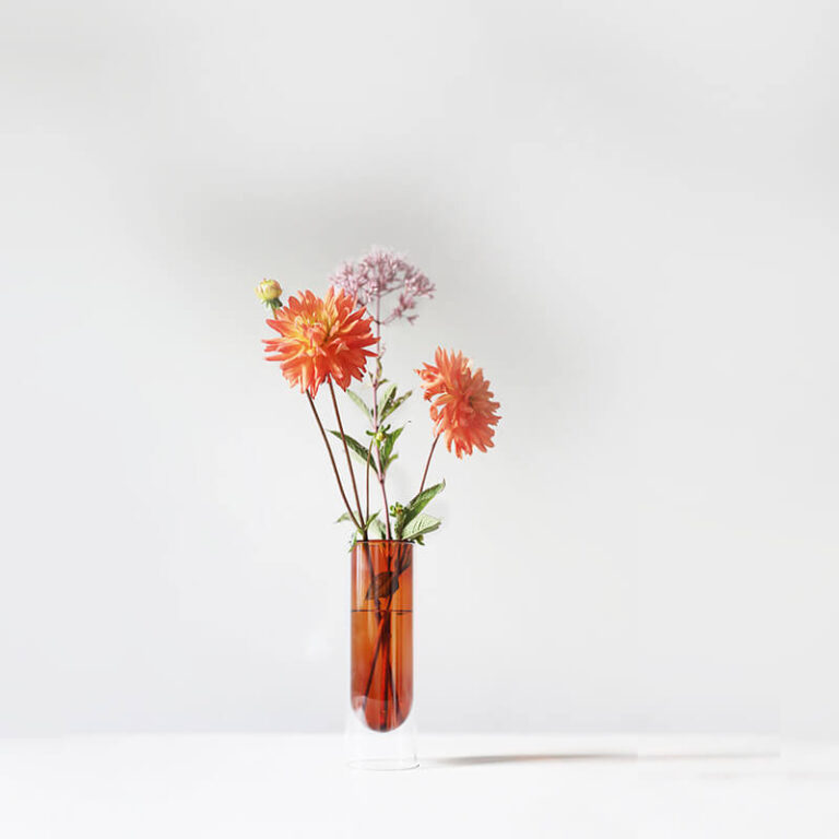 De moderne Flower Tube vaas bestaat uit 2 delen. In een transparant glazen cilinder hangt de vaas gemaakt van gekleurd glas. Ontwerp Studio About