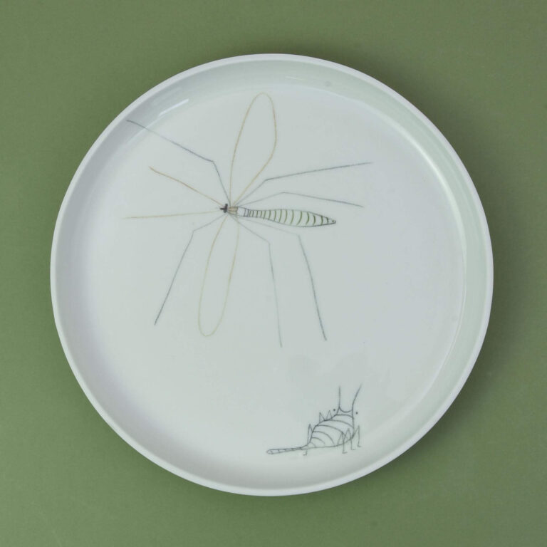 De design schaal met tekeningen van insecten is aan de buitenkant mat en van binnen glanzend geglazuurd