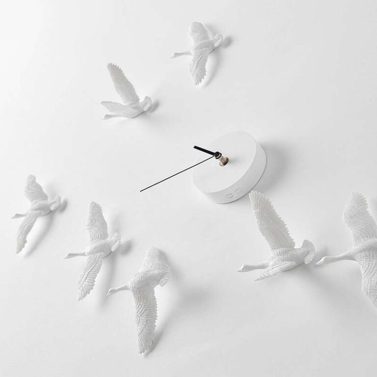 Elke gans van de Migrantbird klok is anders. Ze zijn gemaakt van kunstharst en daarna zijn de details met de hand verder uitgewerkt.