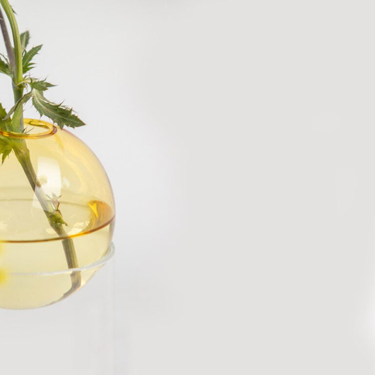 Het gele glazen bolvormige vaasje van de Standing Bulb staat op een transparante glazen voet.
