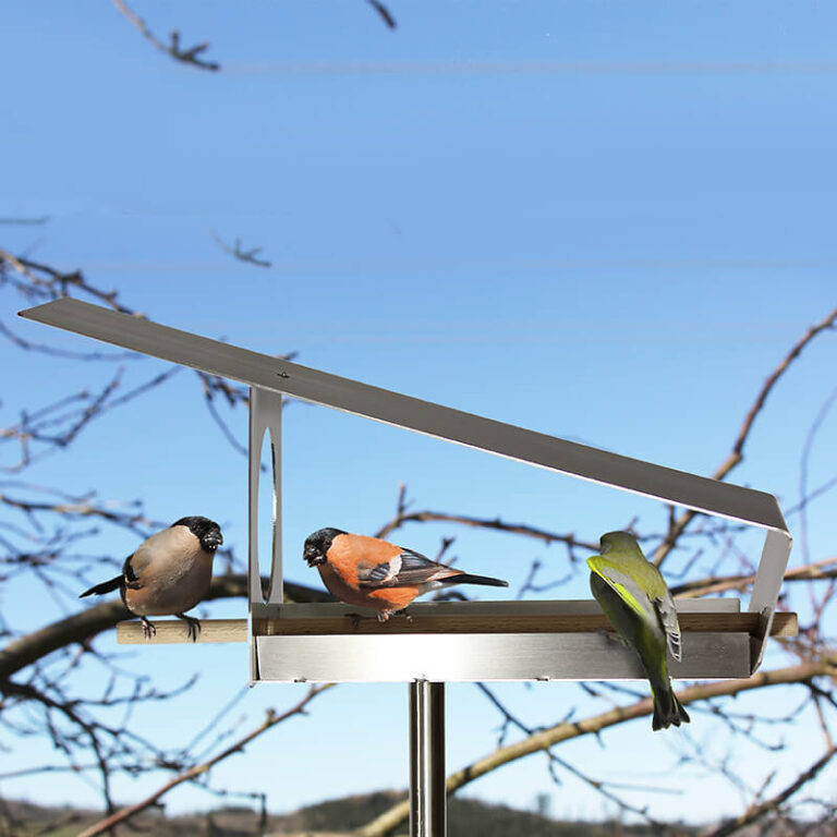 Vul RVS vogelvoederhuisje sterk staaltje met zaden en vogels vliegen direct af en aan.